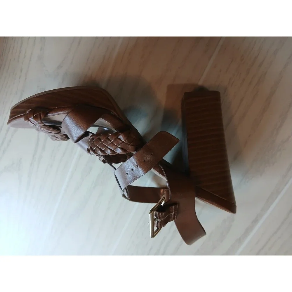 American Eagle Women’s Brown Strappy Open Toe Block Heel Sandals Buckle Size 9